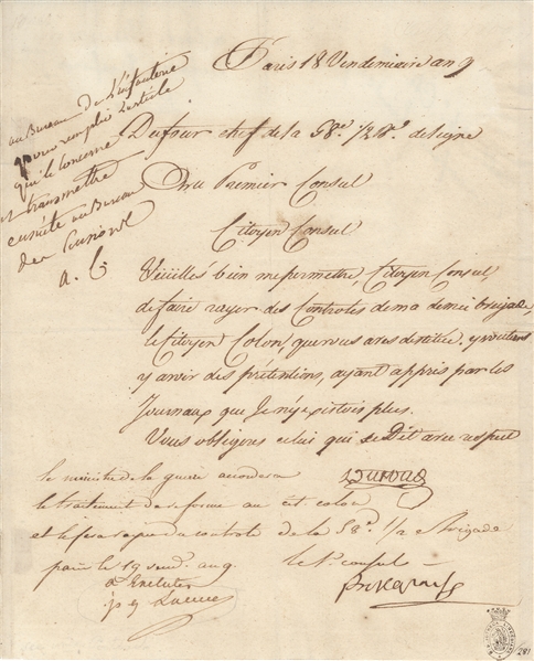 Napoleon Bonaparte Handwritten Letter As First Consul