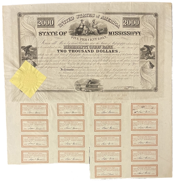 State of Miss. $2000 Bond Signed by Governor Alexander McNutt, 1938