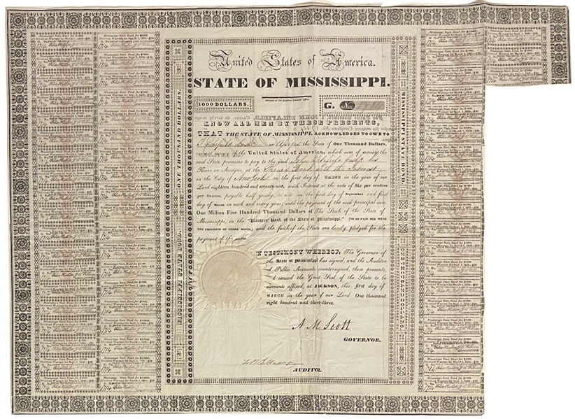 Pair of State of Miss. $1000 Bonds