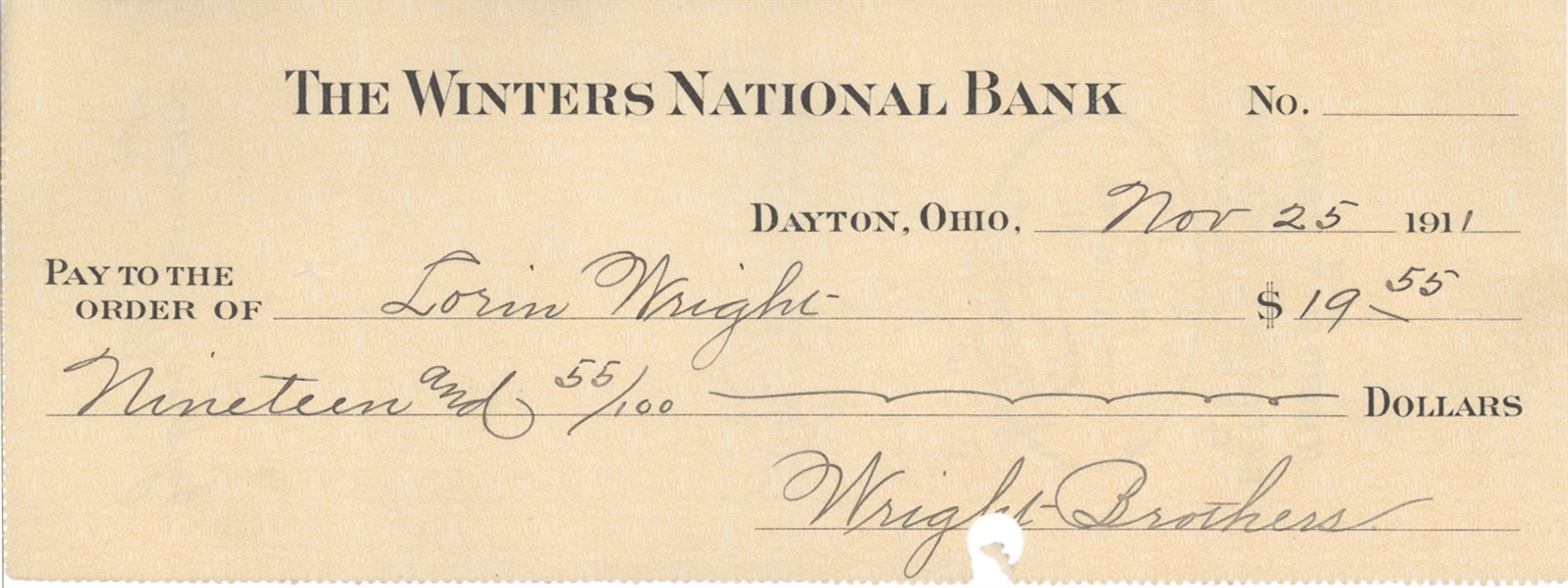 Orville and Lorin Wright Signed Checks