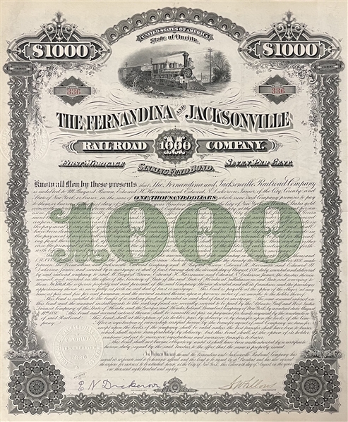 Fernandina and Jacksonville Railroad Company Bond 