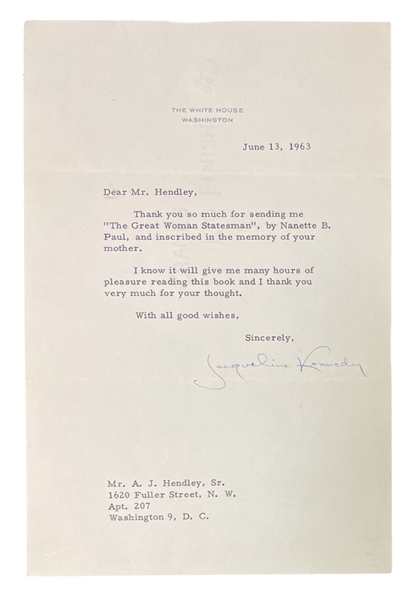Jacqueline Kennedy Secretarial Letter (First Lady) Lot