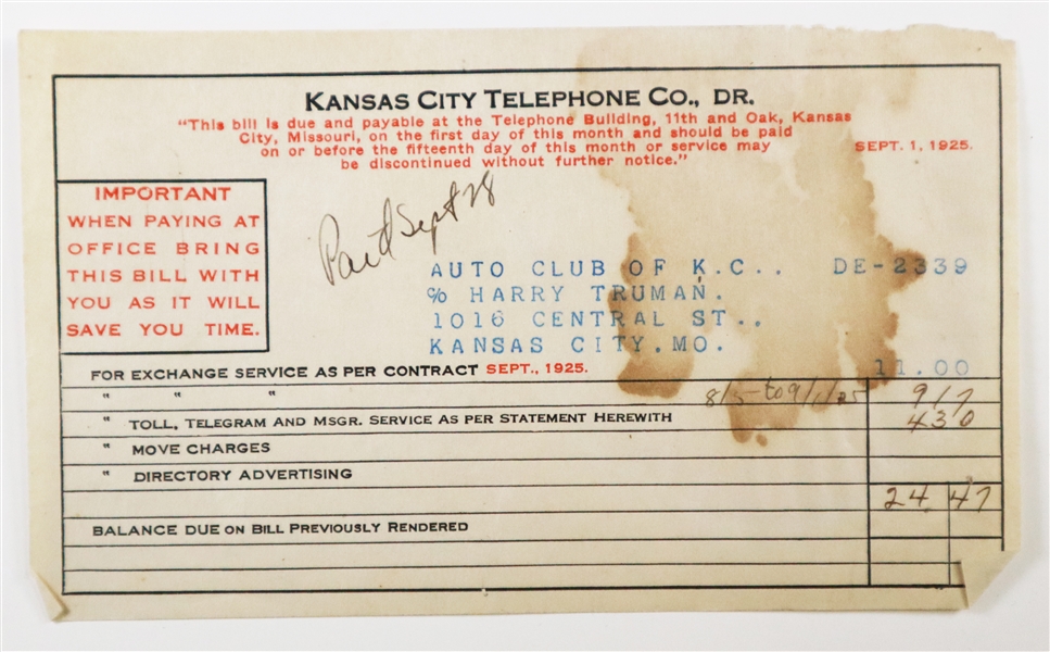 Incredible Harry S. Truman Kansas City Auto Club sales ledger maintained by Truman!