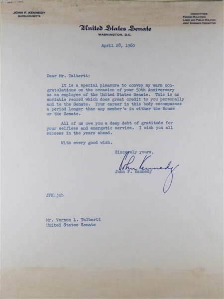 John F. Kennedy Secretarialy Signed TLS 