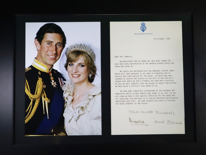 A signed thank you letter from Charles and Diana dated October 1981