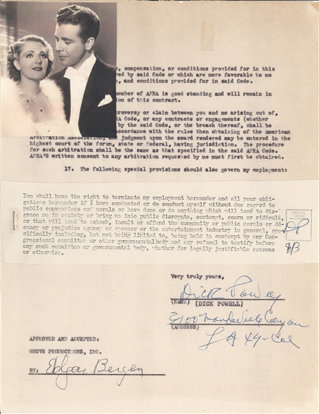 Dick Powell Signed Contract