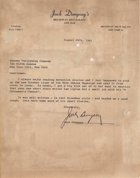 Jack Dempsey TLS & Conrad Nagel TLS Letters about Lew Liptons new story A Chinamans Chance