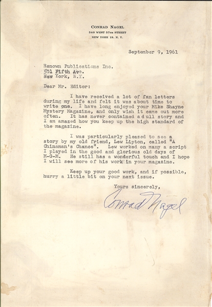 Jack Dempsey TLS & Conrad Nagel TLS Letters about Lew Liptons new story A Chinamans Chance