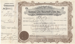 Kansas City Baseball Club, Stock Certificate, 1933, Tris Speaker Signed as Secretary