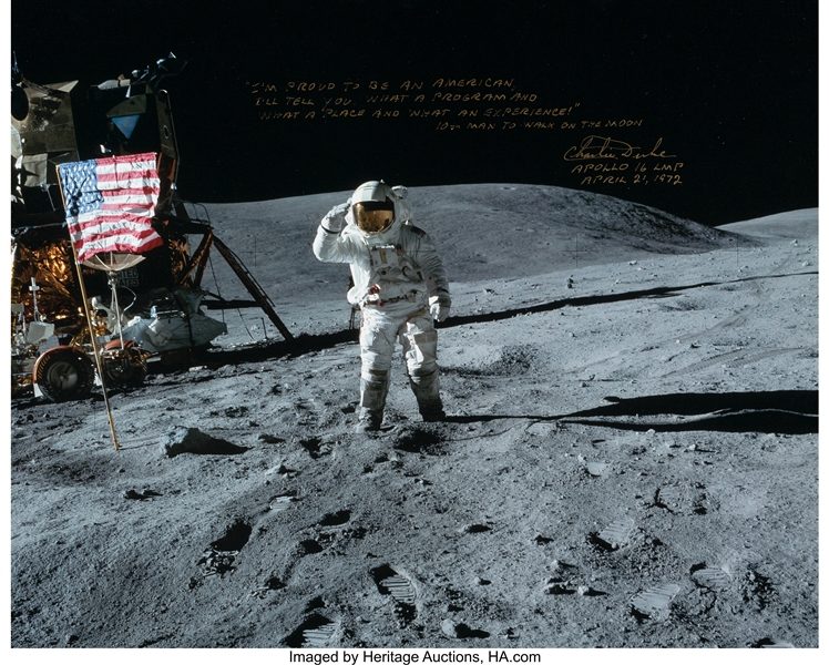 Charlie Duke Signed and Annotated Large Apollo 16 Flag Salute Color Photo