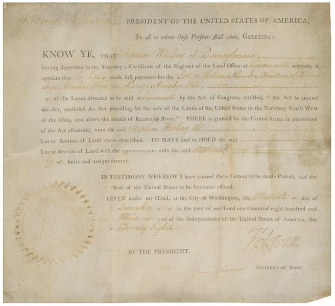Thomas Jefferson and James Madison Signed Cincinnati Land Document 