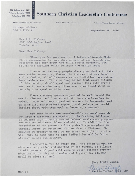 Martin Luther King Jr , Important Secretarially signed Letter Discussing Vietnam War