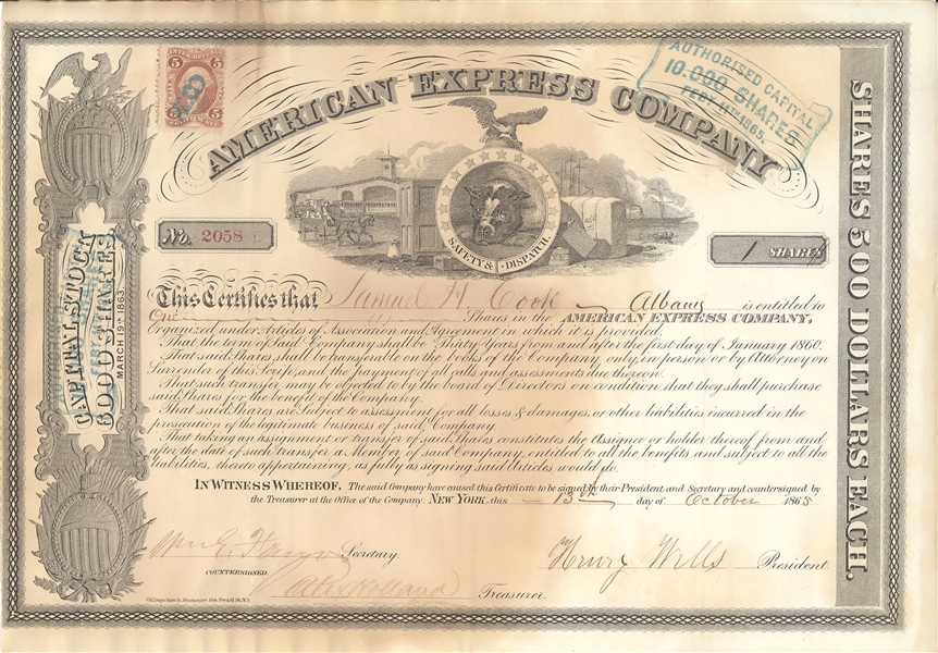 American Express Co. Stock Certificate, 1866 - Signed by Wells and Fargo 