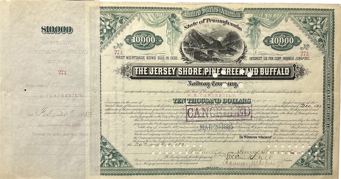 $10,000 RAILWAY BOND OF 1882 JERSEY SHORE, PINE CREEK & BUFFALO RWY SIGNED BY THREE IMPORTANT VANDERBILTS