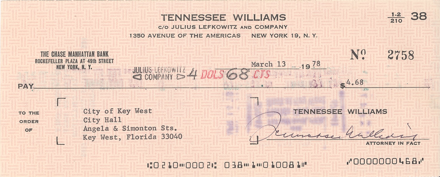 Tennessee Williams Signed Check