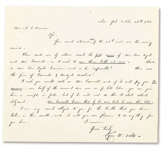 Cyrus W. Field Autograph Letter Signed
