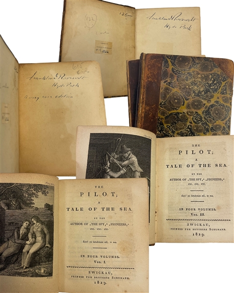 Very Rare 2 Signed volumes from Franklin Delano Roosevelts personal library. The Pilot A Tale of the Sea by James Fenimore Copper was printed for Brothers Schumann 1829.  