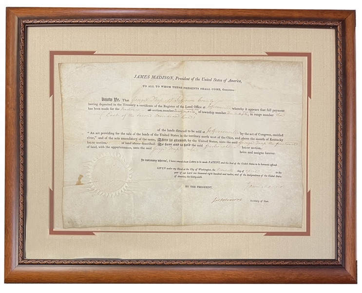 James Madison and Monroe Signed Land Grant