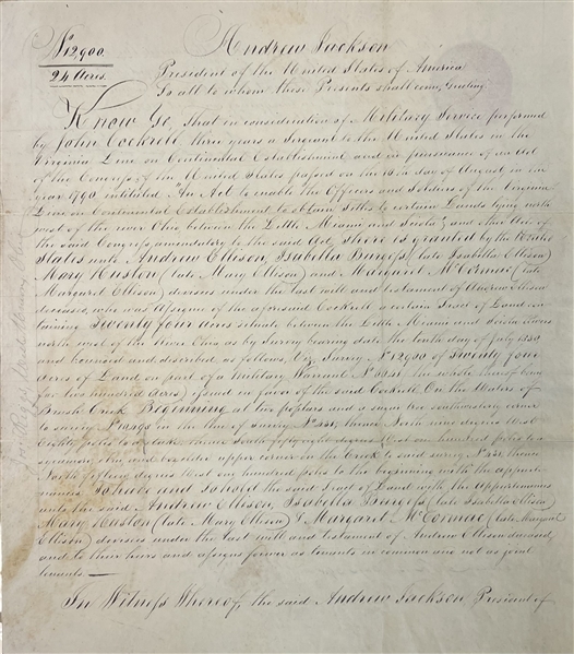 Andrew Jackson Signed Land Grant 