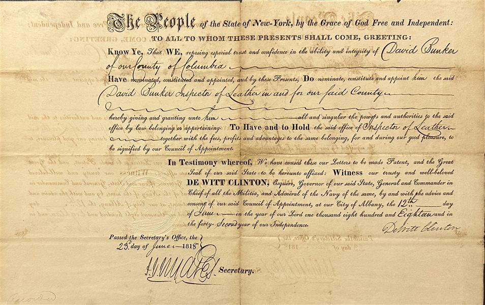 DeWitt Clinton Appointment as Governor of New York