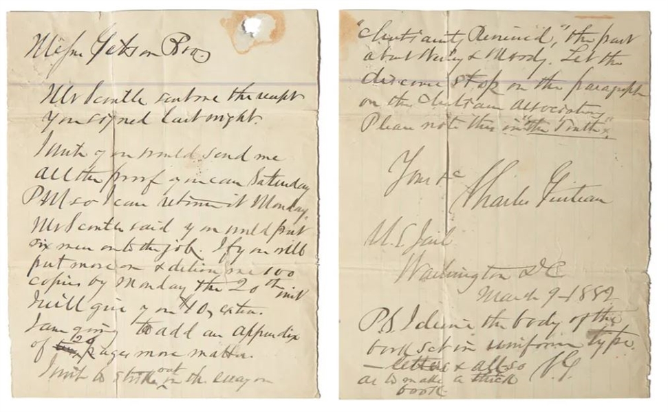 Presidents Garfields Aassasin Charles J. Guiteau Writes to His Publisher from Jail waiting for Trial about his Book