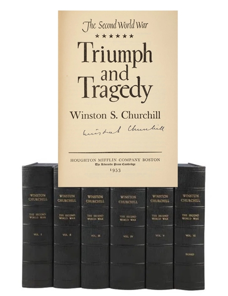 CHURCHILLS BRILLIANT HISTORY OF THE SECOND WORLD WAR SIGNED BY HIM IN VOLUME VI. In Custom Clam Shelled Cases