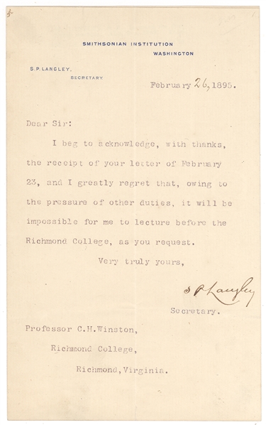 Samuel P. Langley Signed Letter as Smithsonian Secretary