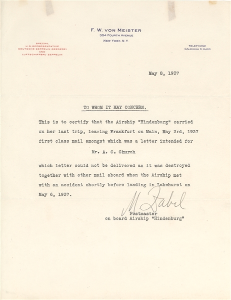 Hidenburg Disaster - Rare Official letter from Ships Navigator / Postmaster talks about Destroyed Letter 