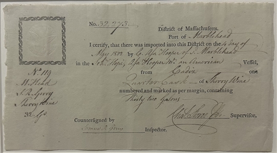 1802 Import Certificate for Sherry Wine