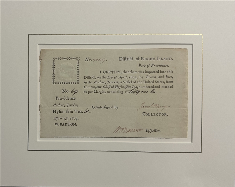 Import Certificate for Tea Signed by War Hero William Barton 