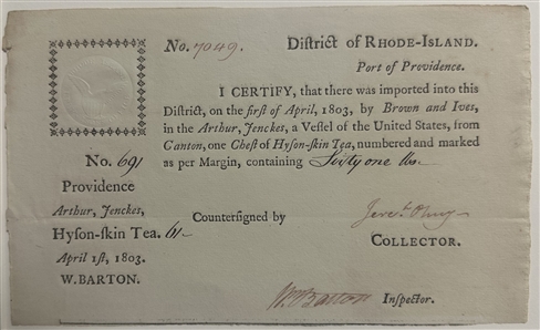 Import Certificate for Tea Signed by War Hero William Barton 