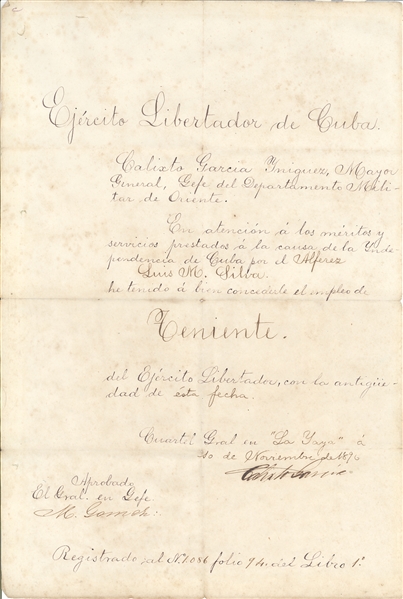 Cubas Máximo Gómez & Calixto García rare Dual-Signed Cuban War of Independence Military Commission, La Yaya, 1896
