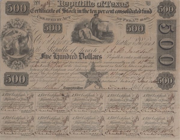 Republic of Texas $500 Certificate of Stock (10% Consolidated Fund) Charles DeMorse