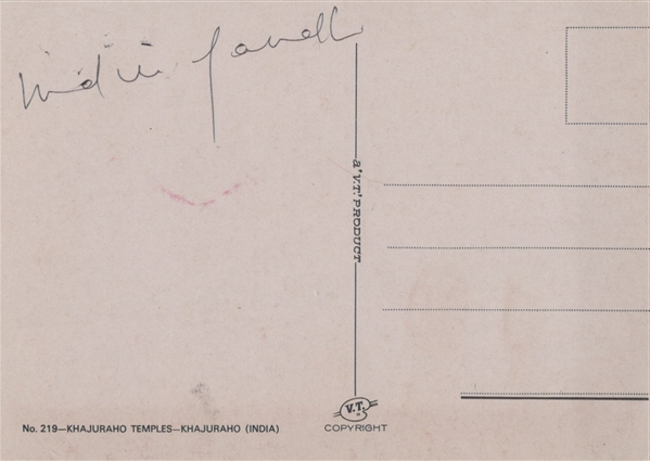 Indira Gandhi Signed Postcard of Khajuraho Temples, India