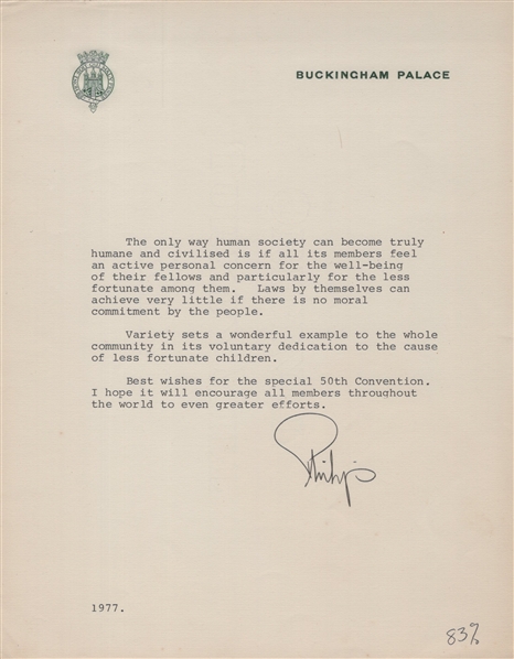 Prince Philip, Duke of Edinburgh Signed TLS