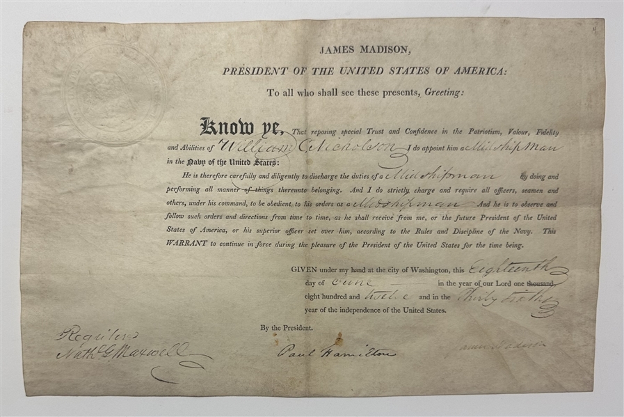 James Madison Signed Naval Appointment Dated The Day the United States formally declared war on Great Britain