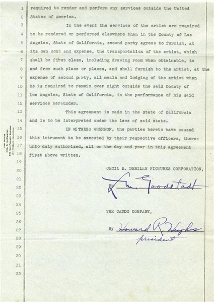 A PIECE OF HOLLYWOOD HISTORY, HOWARD HUGHES SIGNS A 1927 AGREEMENT WITH CECIL B. DeMILLE  FOR WILLIAM BOYDS SERVICES TO STAR IN TWO ARABIAN KNIGHTS.