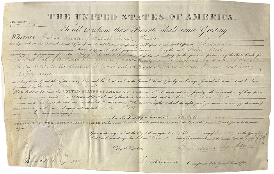 Andrew Jackson 1831 Land Grant