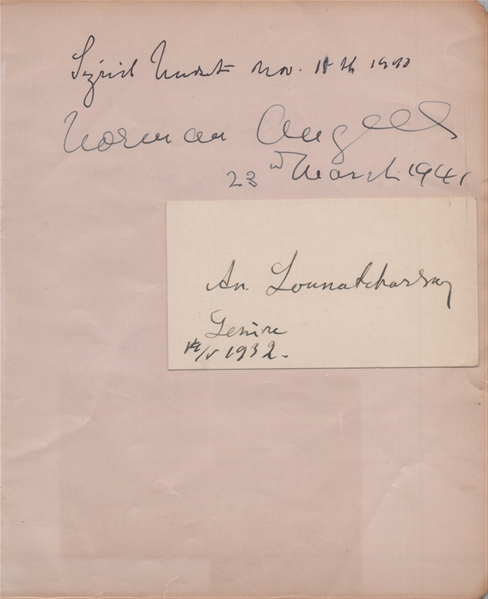 Autograph Page Signed by Nobel Prize Winners, Sigrid Undset, Norman Angell, and scarce Russian Marxist Anatoly Lunacharsky