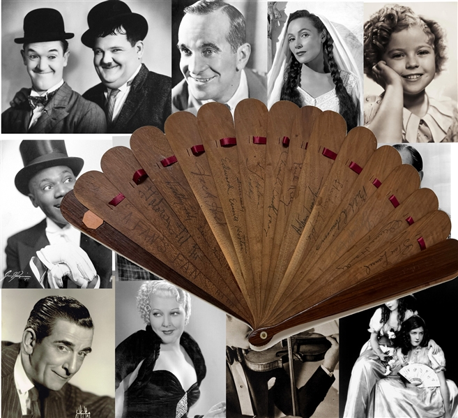 Rare 1930s Hollywood Autograph Fan ( Laurel & Hardy, Shirley Temple,Jolson, Thelma Todd and much more)