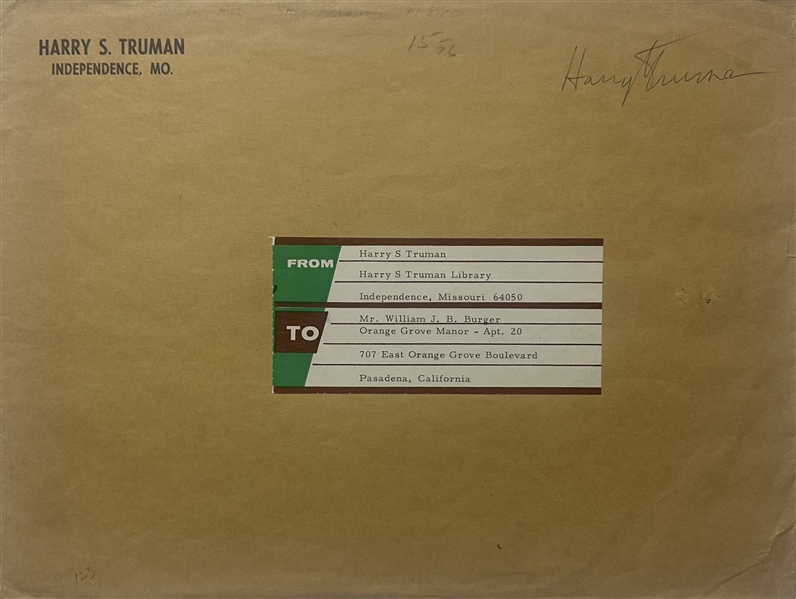 Harry S. Truman Free Frank Signed Envelope from the Truman Library