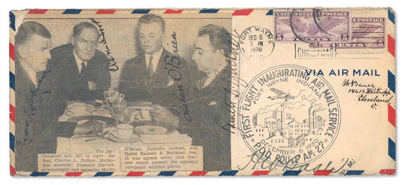 Clarence Darrow, Charles L. DeBow, Rabbi Barnett Brickner, and Quinn O’Brien Signed First Flight Airmail Cover, 1930.