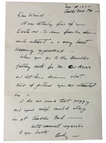 Andrew Wyeth Autograph Letter Signed, with Envelope