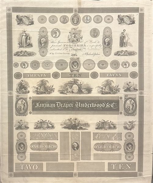 1824 Fairman, Draper, Underwood & Co. Bank Note Engraving Specimen Sheet – Philadelphia