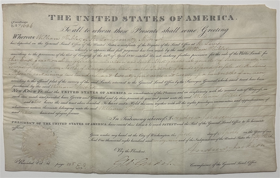 Andrew Jackson 1829 Land Grant
