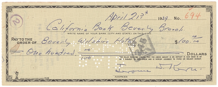 Jerome Kern Signed Check