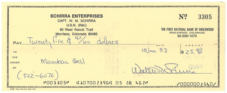 Wally Schirra Signed Check