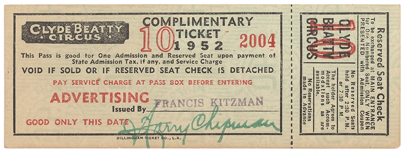 Pierre Cartier Signed Clyde Beatty Circus Ticket