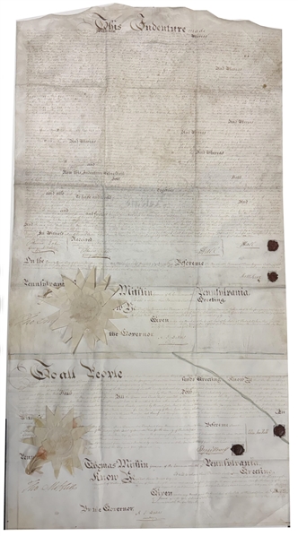 Monumental Founding-Era Vellum Indenture for 174,428 Acres, Signed by Governors Thomas Mifflin (Twice), Declaration Signer Thomas McKean, and Alexander J. Dallas