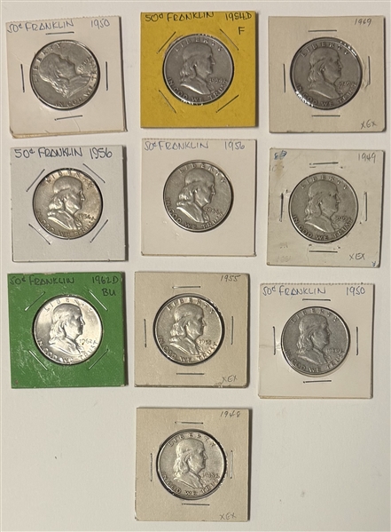 Group of 10 United States Franklin Half Dollars, 1948–1962